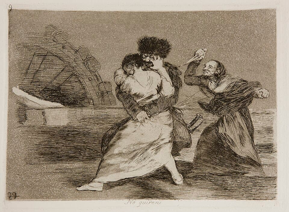 Francisco Goya: Hrôzy vojny. Obrázok 9: No quieren (Nechcú). Obraz zachytáva staršiu španielsku ženu, ktorá bráni nožom mladú Španielku, ktorú sexuálne napáda francúzsky vojak. Foto: Wikpedia