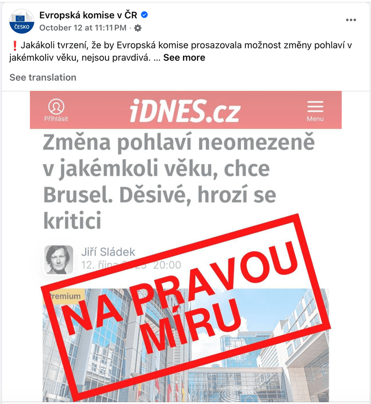 Príspevok na Facebooku Zastúpenia EK v ČR. Reprofoto Marker