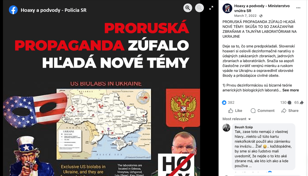 Príspevok na stránke Hoaxy a podvody - Polícia SR zo 7. 3. 2022. Reprofoto Marker