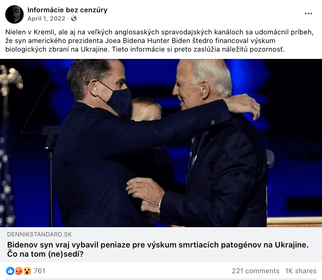 Príspevok, ktorý v marci 2022 nahlásili úradníci Facebooku. Reprofoto Marker