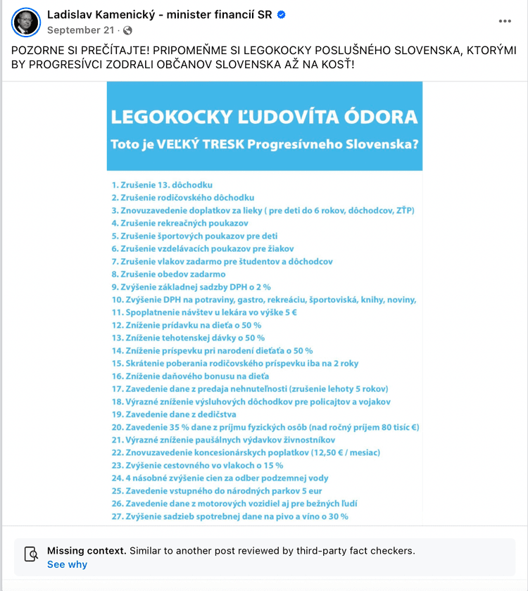 Príspevok Ladislava Kamenického zo septembra 2025, ku ktorému Facebook pripojil "overenie faktov" od organizácie Demagóg. Reprofoto Marker