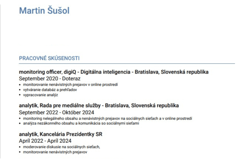 Životopis Martina Šušola, ktorý uverejnil na svojej Facebookovej stránke. Osobné údaje ako bydlisko či rok narodenia Marker odstránil z obrázka. Reprofoto Marker