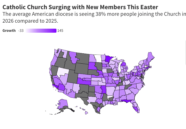 Nárast počtu katolíkov v jednotlivých diecézach v USA. Zdroj: Hallow