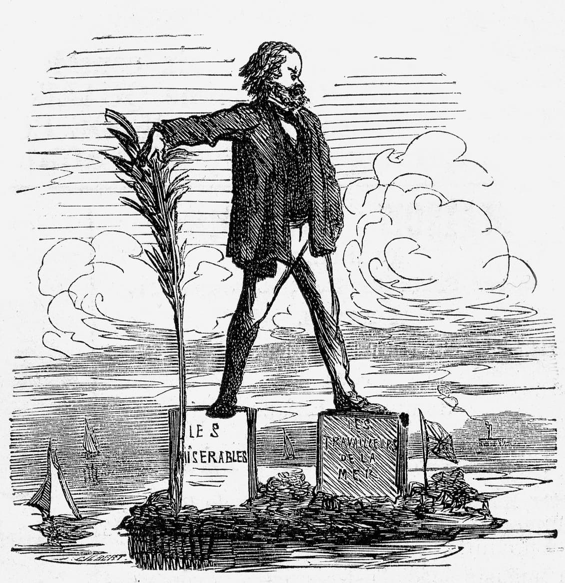 Ostrov Guernsey nemá čo závidieť ostrovu Rodos; aj on má svojho Kolosa. Ilustrácia Victora Huga z roku 1866. Foto: wikimedia