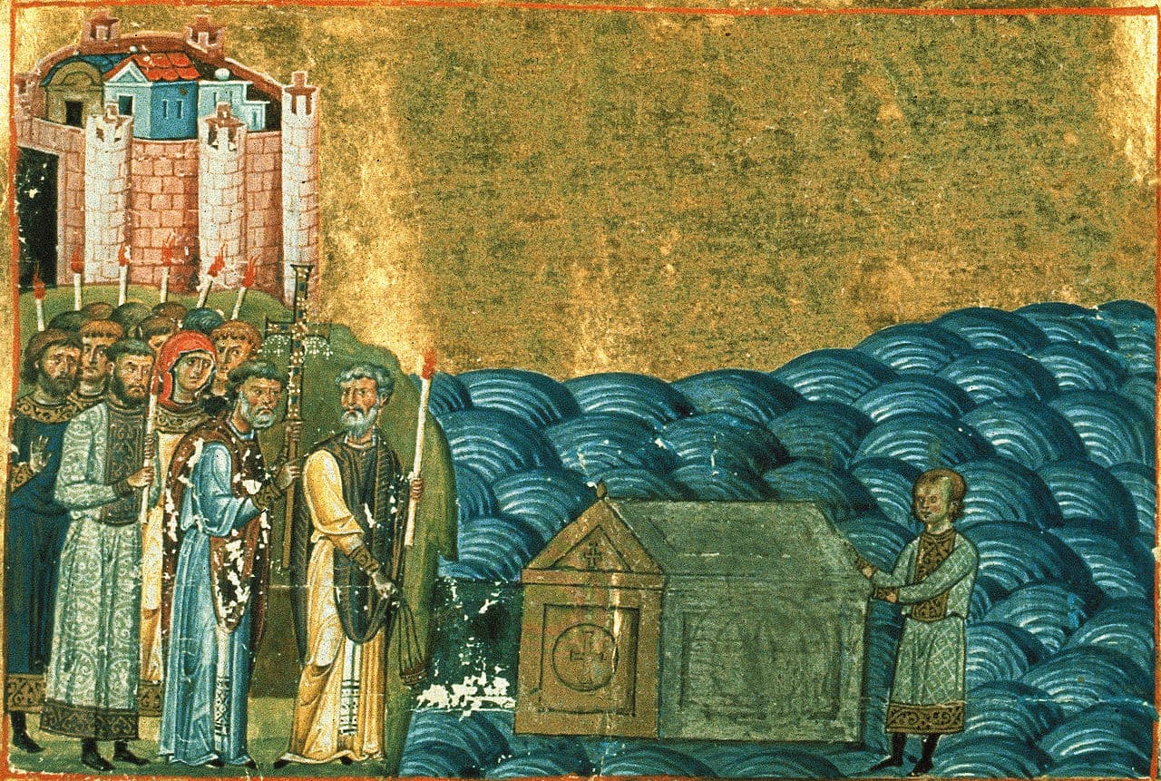 Nájdenie a vyzdvihnutie relikvií svätého pápeža Klementa. Menológium Bazila II. Foto: Wikikemdia