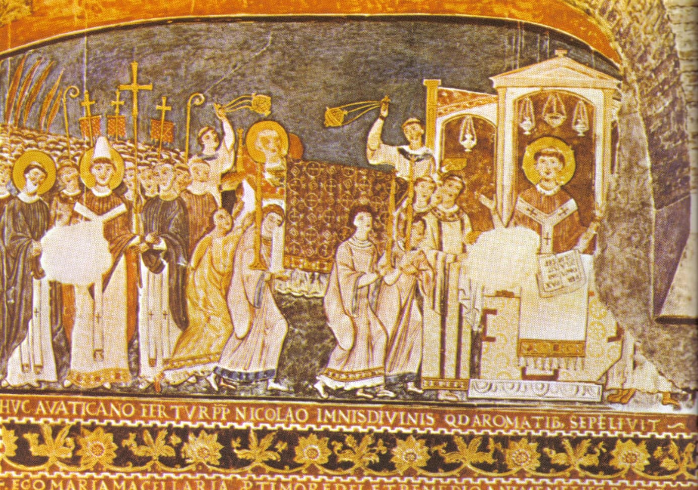 Svätý Konštantín a svätý Metod prinášajú relikvie svätého pápeža Klementa do Ríma. Vpravo pápež Hadrián II. v Katedrále Santa Maria Maggiore posväcuje slovanské liturgické knihy.